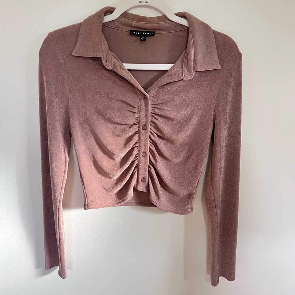 Blue Blush Velvet Button Down Shirt - champagne